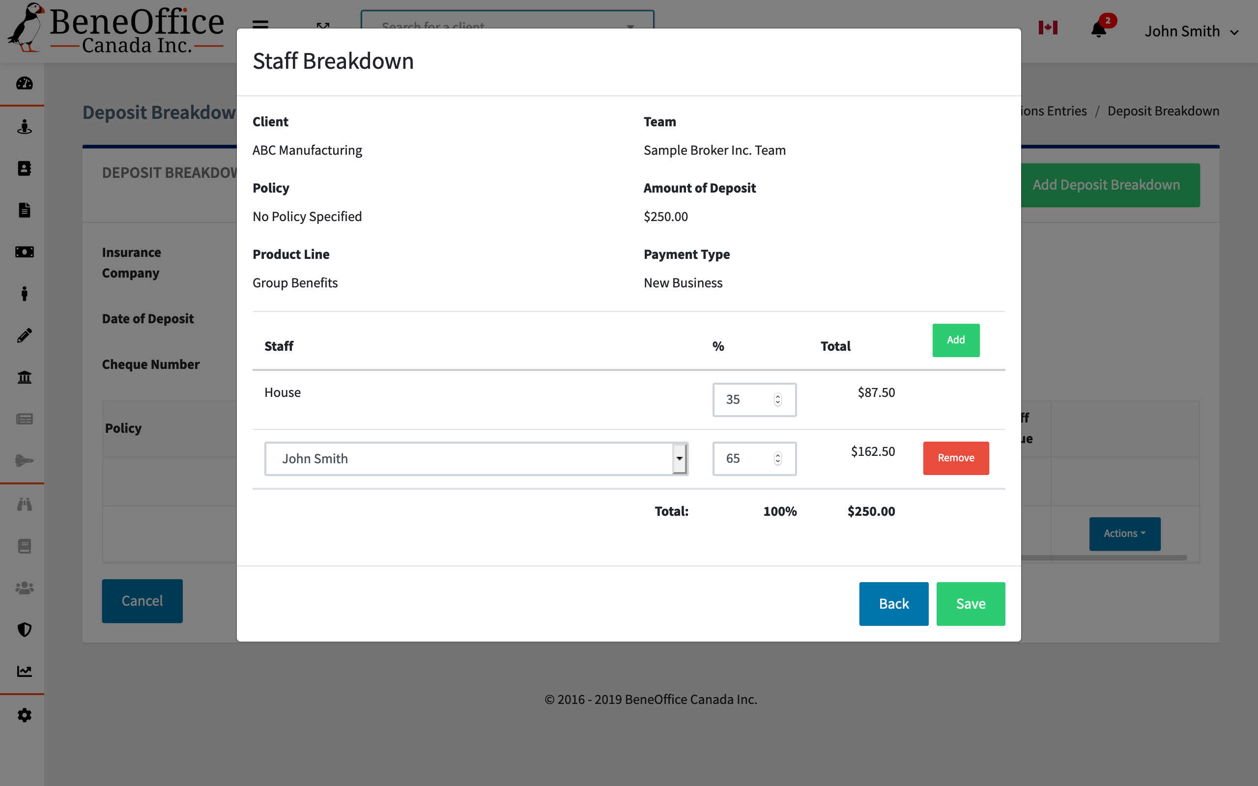 Screenshot of commission tracker breaking down a cheque between house and producer