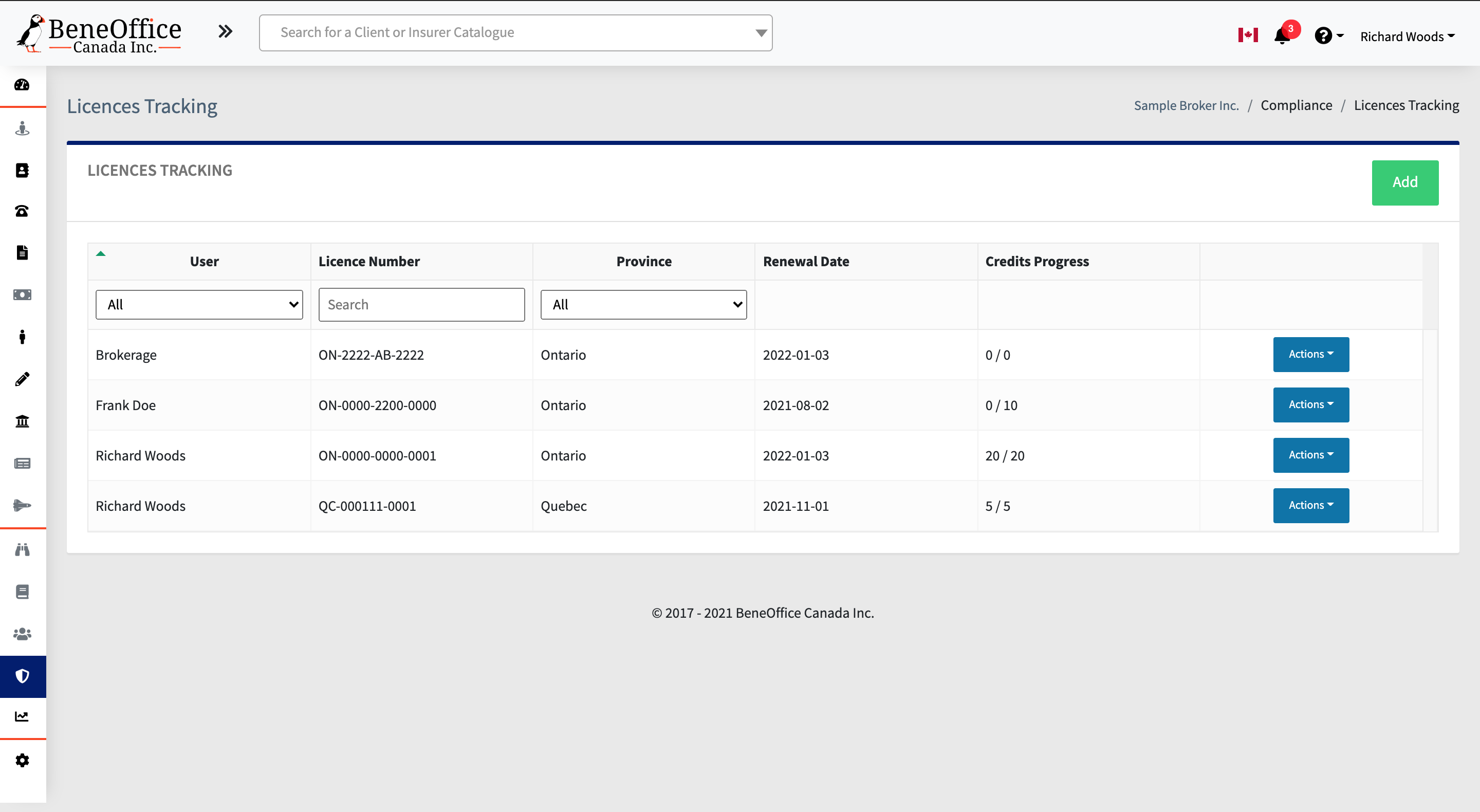 Screenshot of my licence tracking