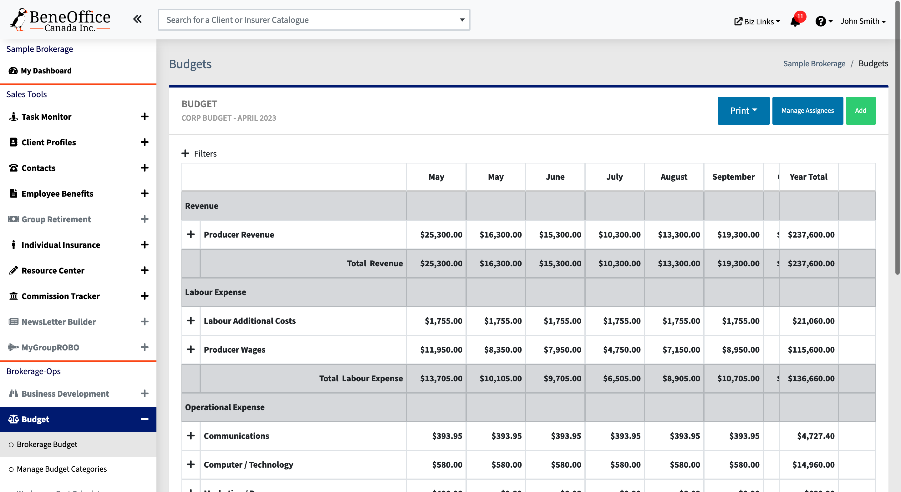 Screenshot of the budget ui