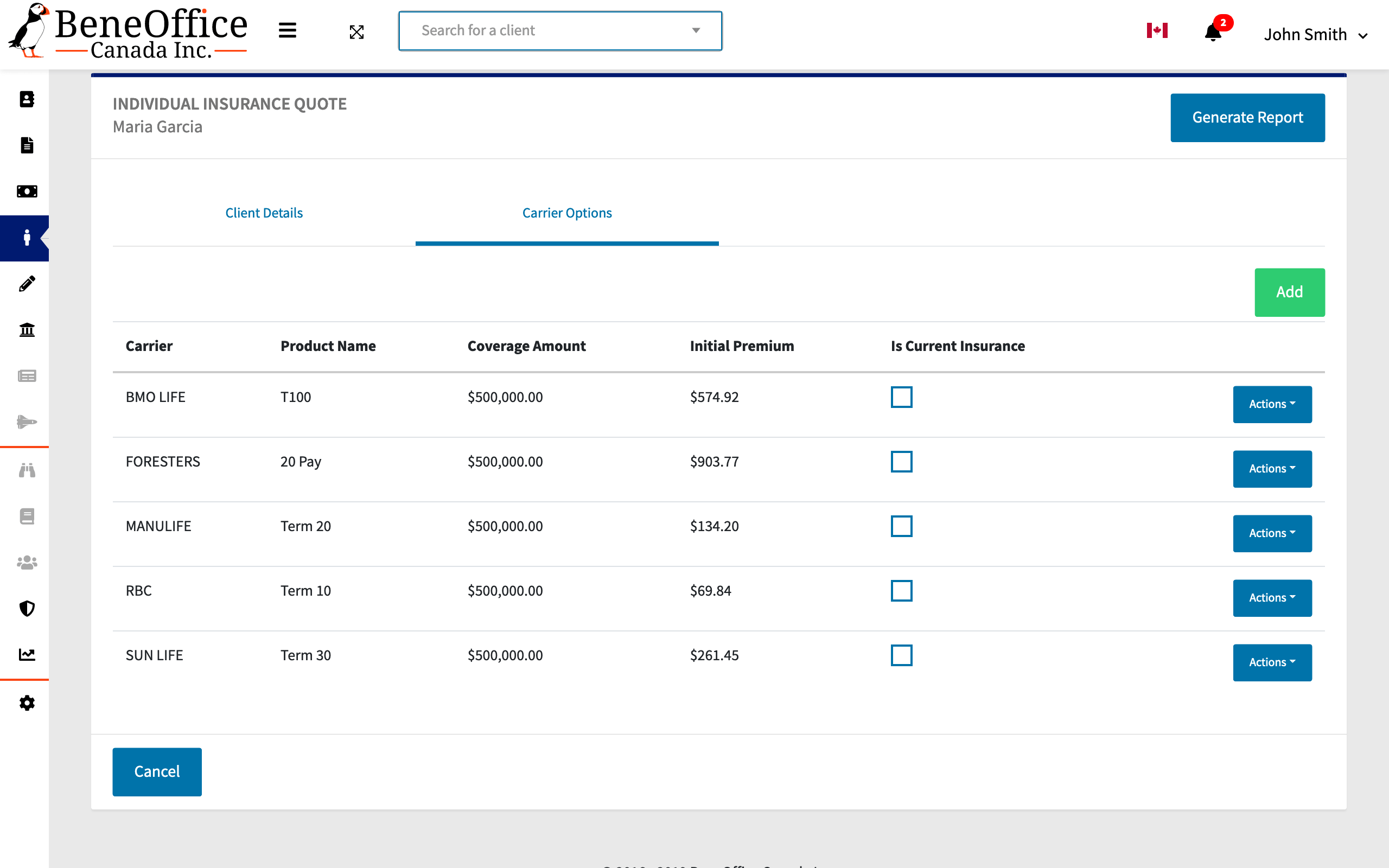 Screenshot of individual insurance quote options